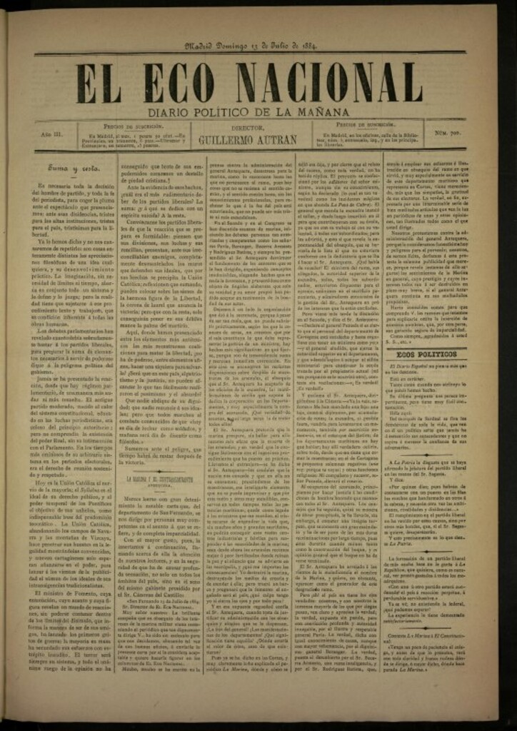 Miniatura de El Eco Nacional de 13 de julio de 1884, nº 700