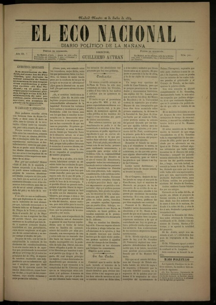 Miniatura de El Eco Nacional del 15 de julio de 1884, nº 701
