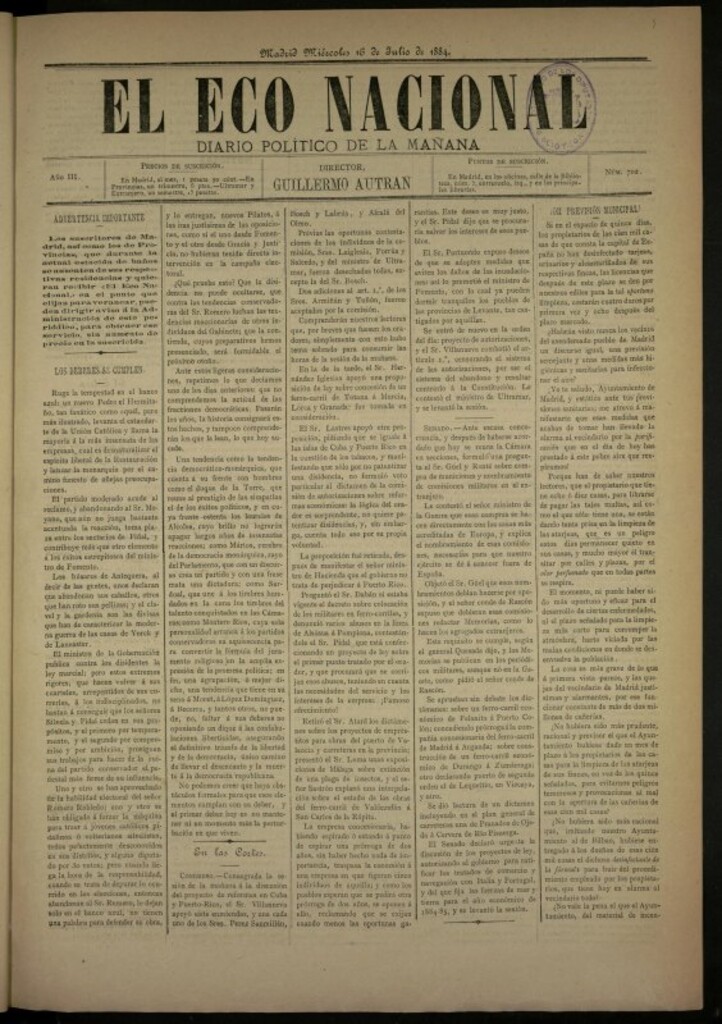 Miniatura de El Eco Nacional de 16 de julio de 1884, nº 702