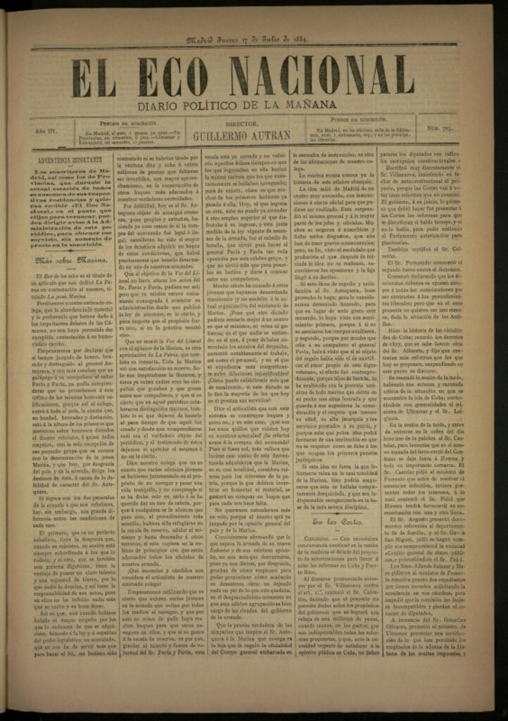 Miniatura de El Eco Nacional de 17 de julio de 1884, nº 703