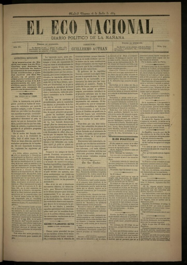 Miniatura de El Eco Nacional de 18 de julio de 1884, nº 704