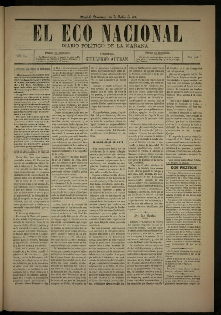 Miniatura de El Eco Nacional e 20 de julio de 1884, nº 706