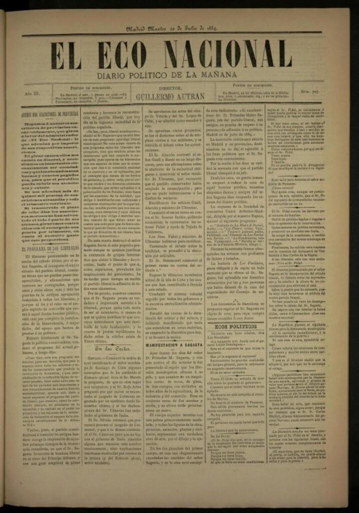 Miniatura de El Eco Nacional del 22 de julio de 1884, nº 707