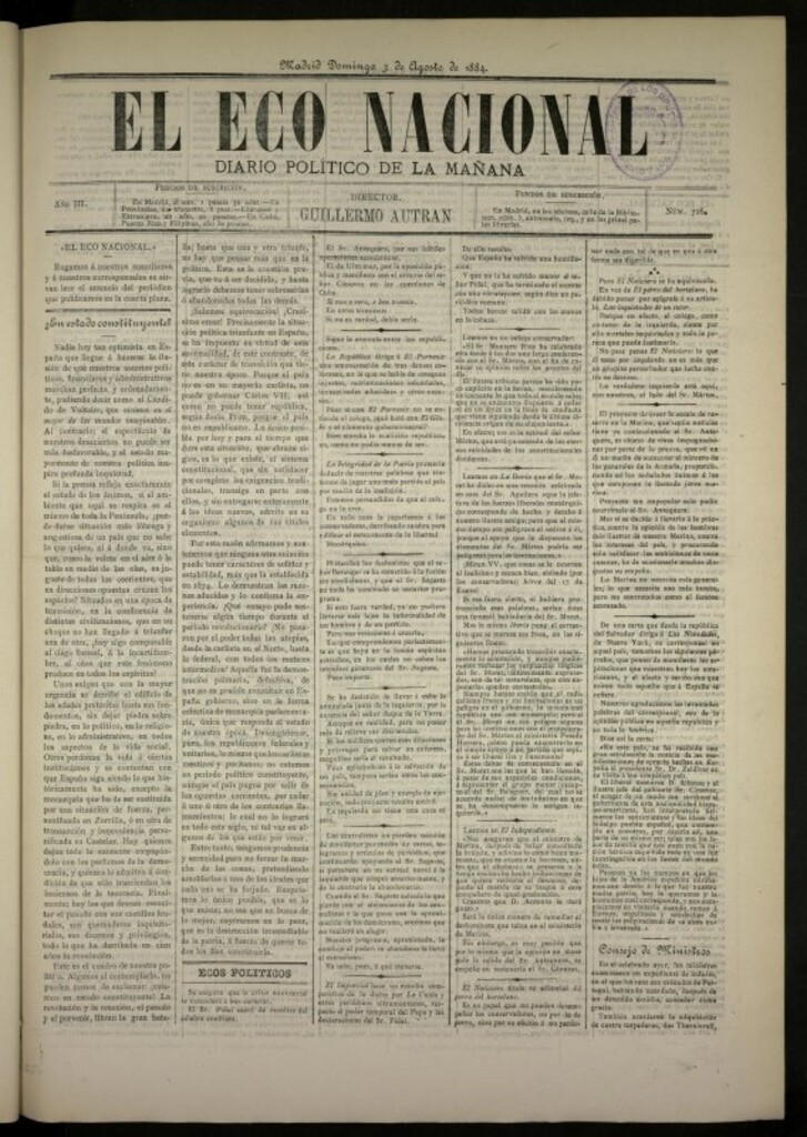 Miniatura de El Eco Nacional de 3 de agosto de 1884, nº 716