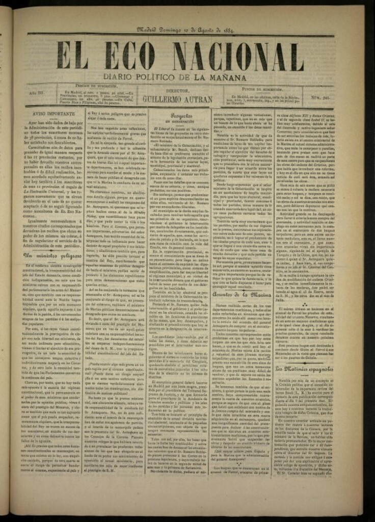 Miniatura de El Eco Nacional de 10 de agosto de 1884, nº 721