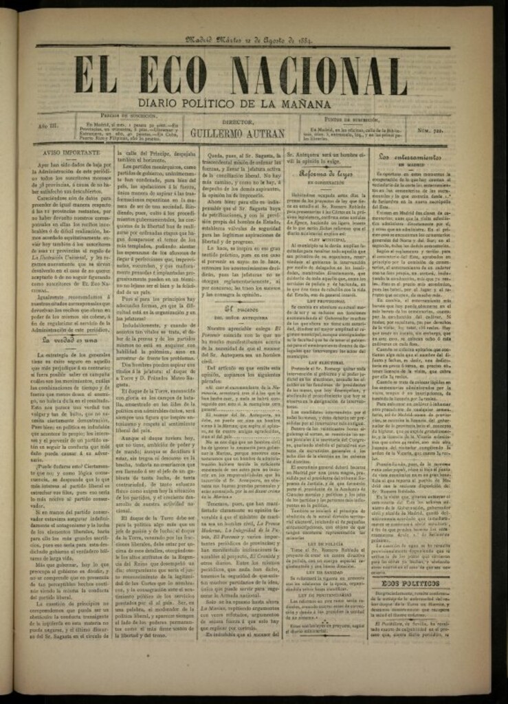 Miniatura de El Eco Nacional de 12 de agosto de 1884, nº 722