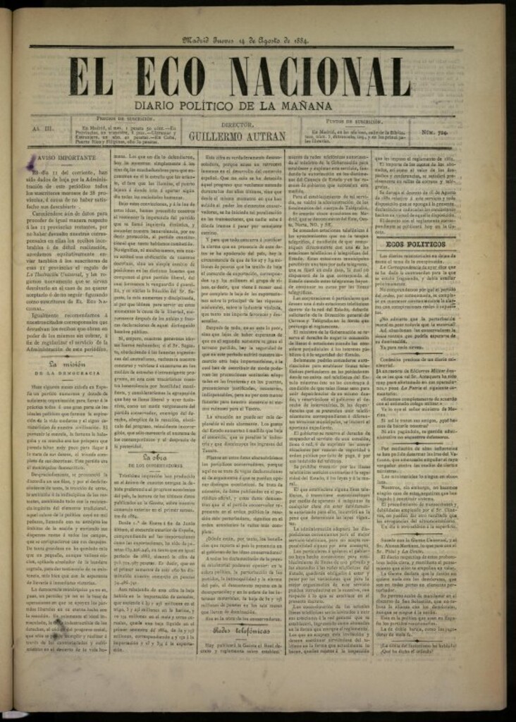 Miniatura de El Eco Nacional de 14 de agosto de 1884, nº 724
