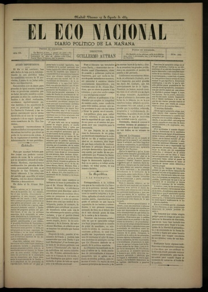 Miniatura de El Eco Nacional de 15 de agosto de 1884, nº 725