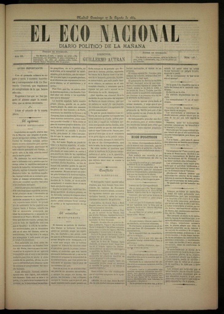 Miniatura de El Eco Nacional de 17 de agosto de 1884, nº 726