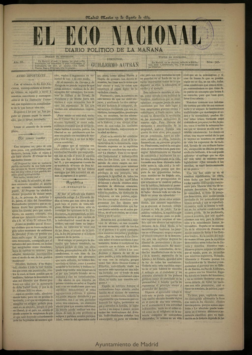 Miniatura de El Eco Nacional de 19 de agosto de 1884, nº 727