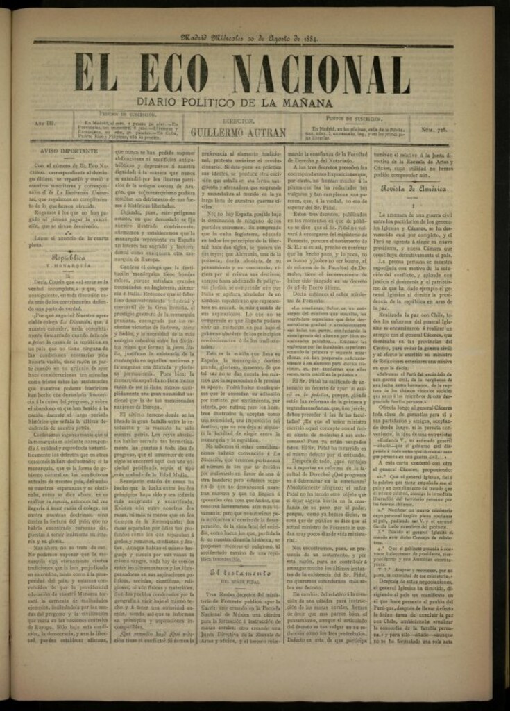Miniatura de El Eco Nacional de 20 de agosto de 1884, nº 728