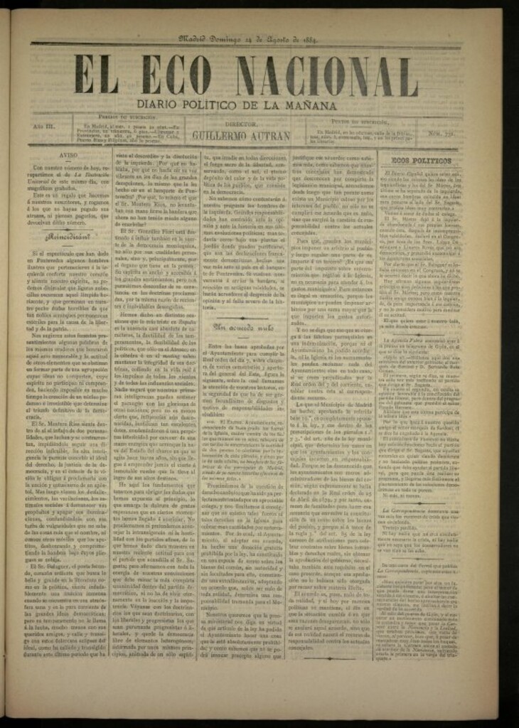 Miniatura de El Eco Nacional de 24 de agosto de 1884, nº 731
