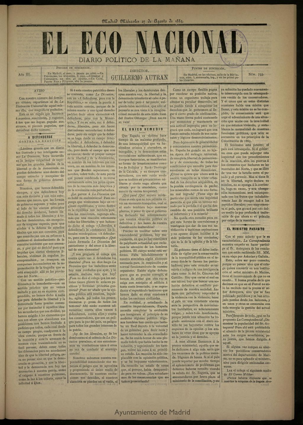 Miniatura de El Eco Nacional de 27 de agosto de 1884, nº 733