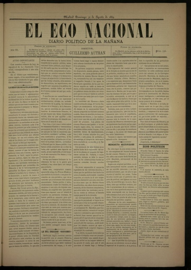 Miniatura de El Eco Nacional de 31 de agosto de 1884, nº 736
