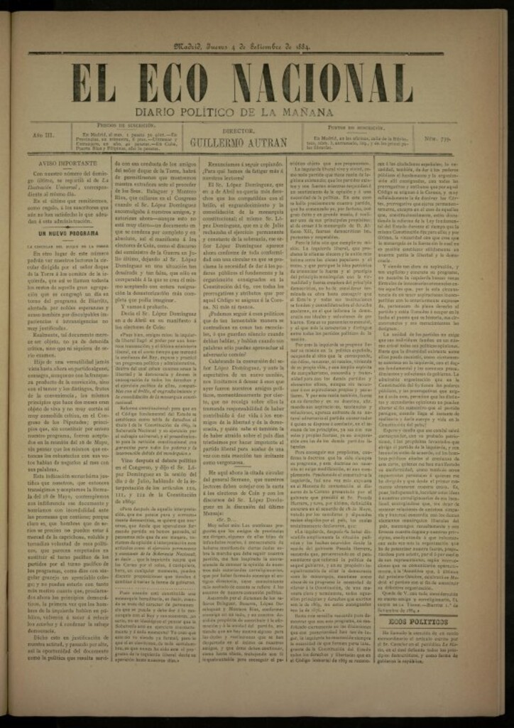 Miniatura de El Eco Nacional de 4 de septiembre de 1884, nº 739