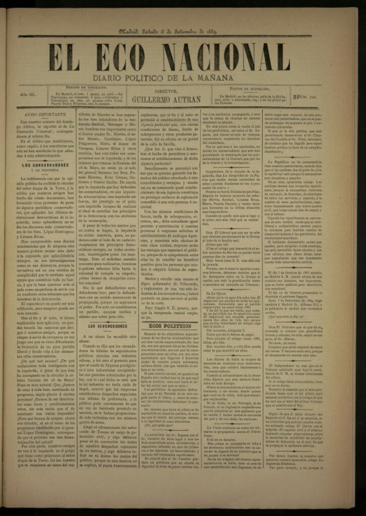 Miniatura de El Eco Nacional de 6 de septiembre de 1884, nº 740