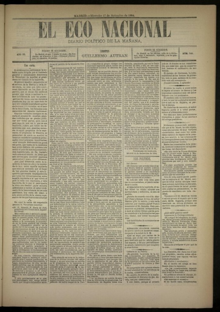 Miniatura de El Eco Nacional de 17 de septiembre de 1884, nº 748
