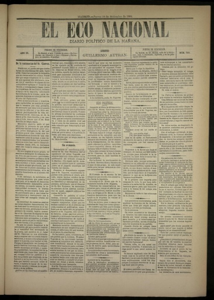 Miniatura de El Eco Nacional de 18 de septiembre de 1884, nº 749