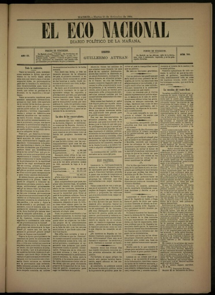 Miniatura de El Eco Nacional de 23 de septiembre de 1884, nº 783