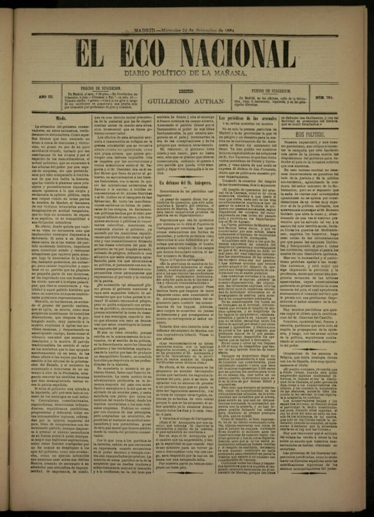 Miniatura de El Eco Nacional de 24 de septiembre de 1884, nº 784