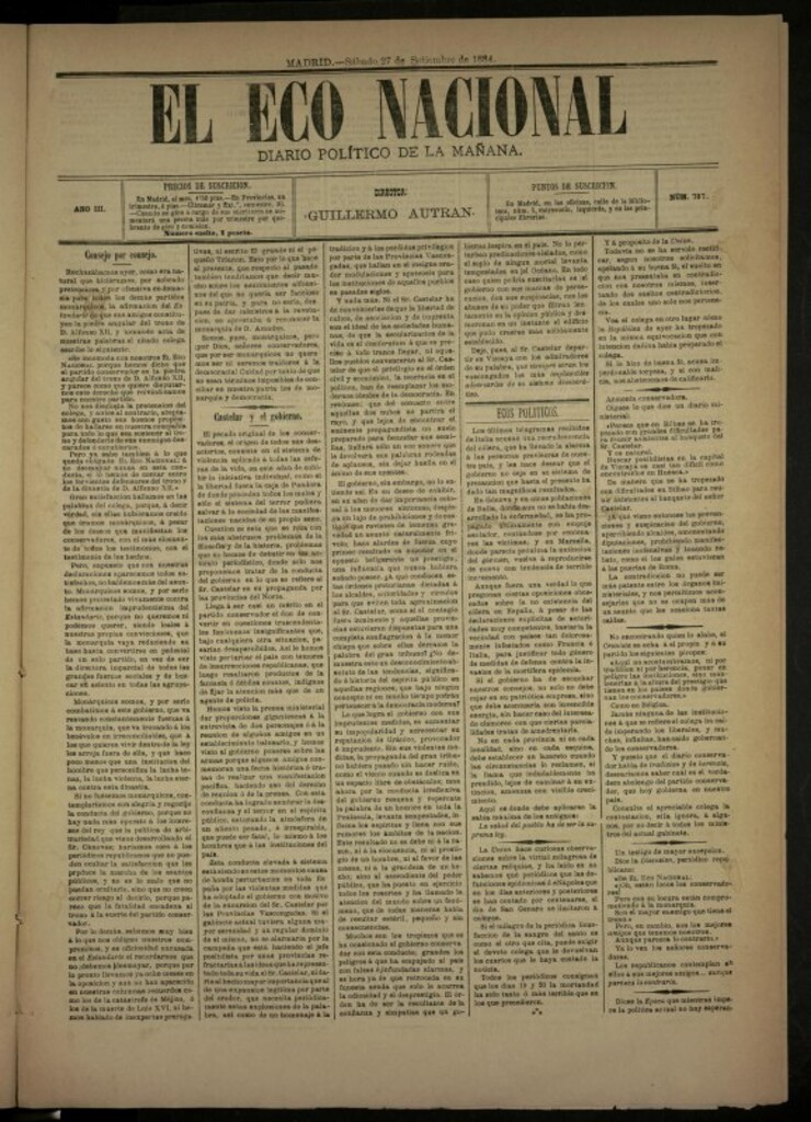 Miniatura de El Eco Nacional de 27 de septiembre de 1884, nº 787