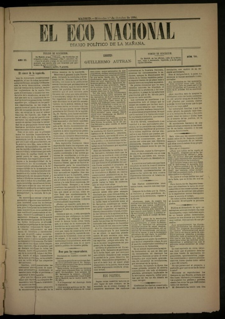 Miniatura de El Eco Nacioal de 1 de octubre de 1884, nº 791