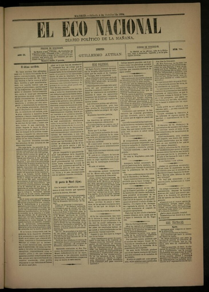 Miniatura de El Eco Nacional de 4 de octubre de 1884, nº 794