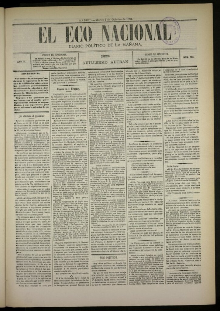 Miniatura de El Eco Nacional de 7 de octubre de 1884, nº 796