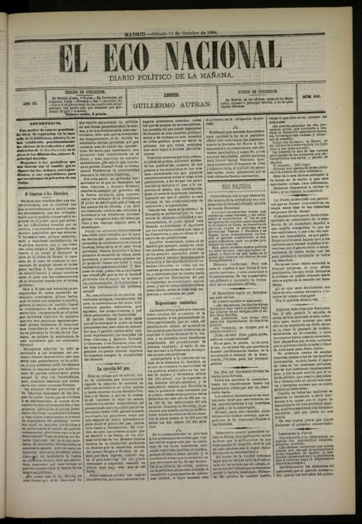 Miniatura de El Eco Nacional de 11 de octubre de 1884, nº 800
