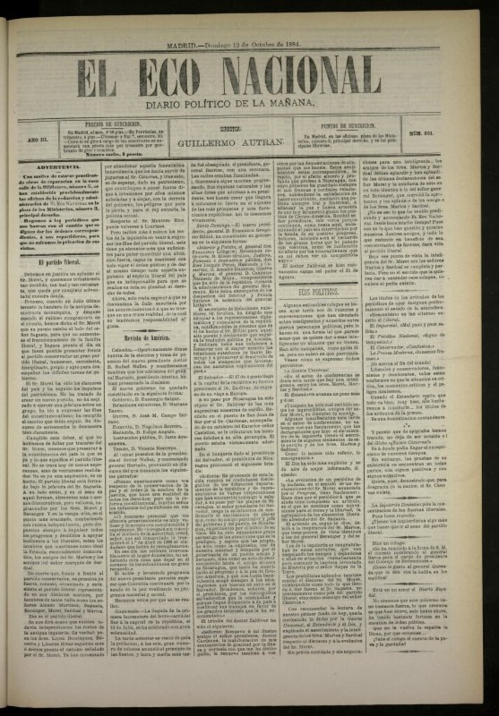 Miniatura de El Eco Nacional de 12 de octubre de 1884, nº 801