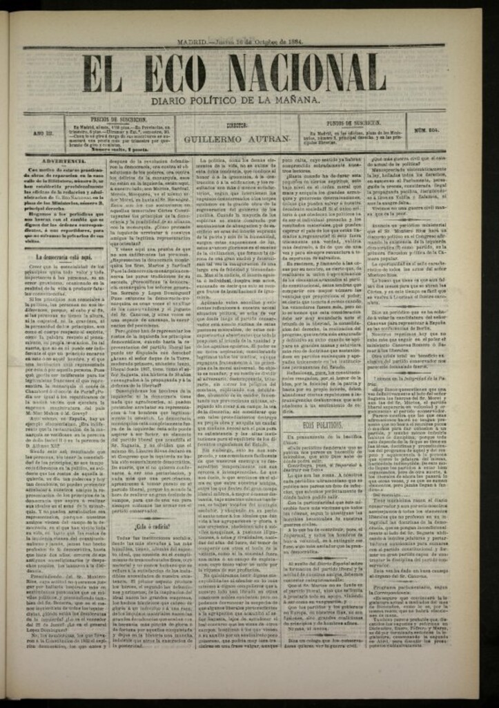 Miniatura de El Eco Nacional de 16 de octubre de 1884, nº 804