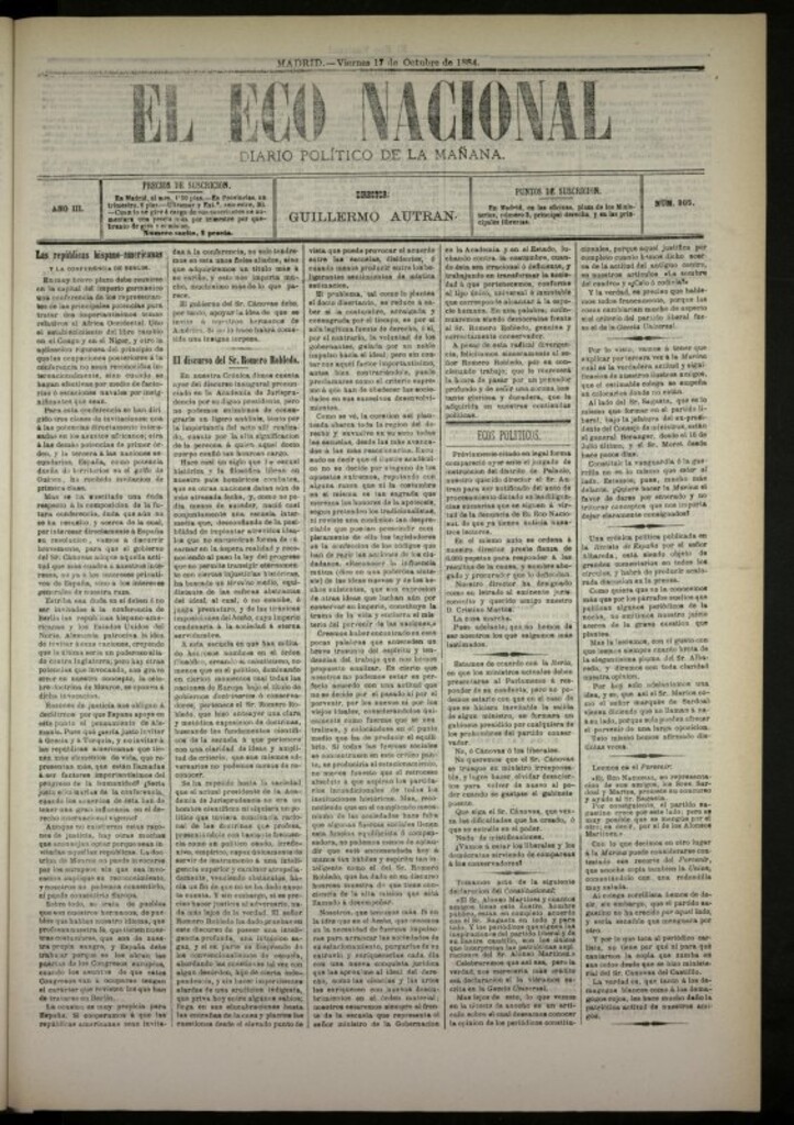Miniatura de El Eco Nacional de 17 de octubre de 1884, nº 805