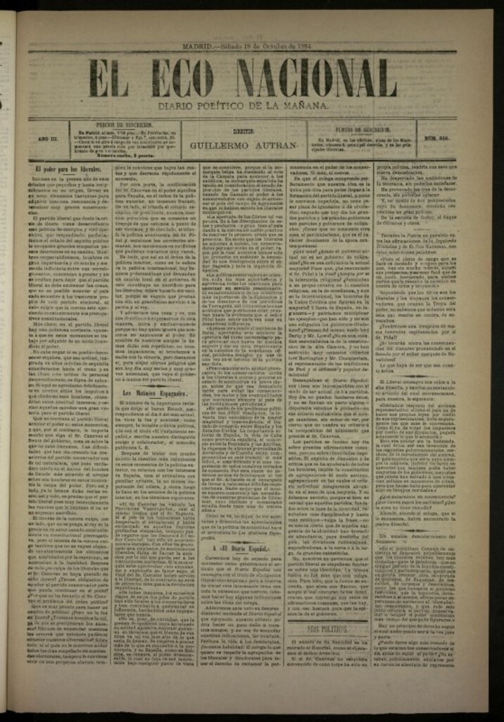 Miniatura de El Eco Nacional de 18 de octubre de 1884, nº 806