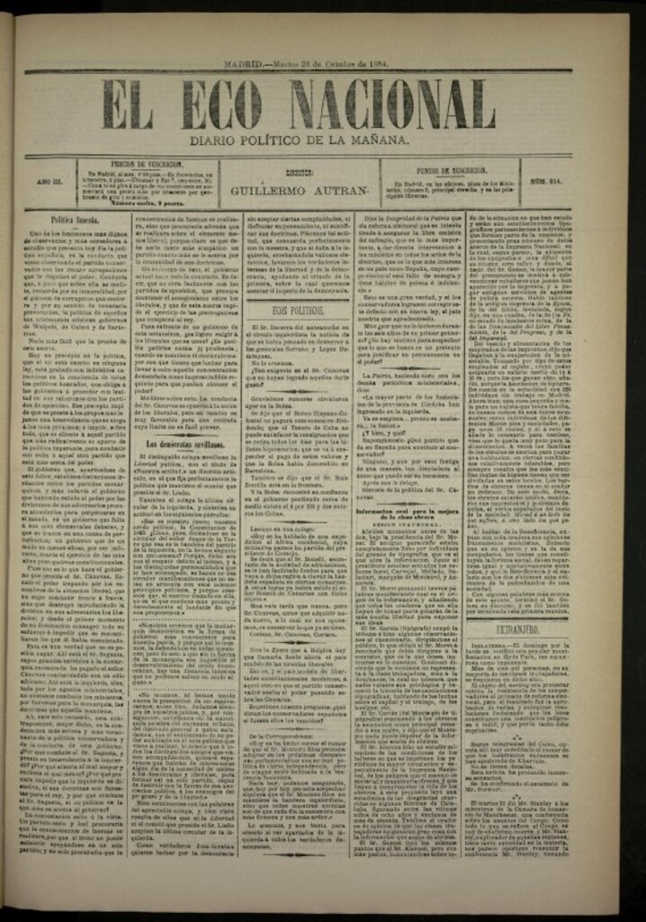 Miniatura de El Eco Nacional de 28 de octubre de 1884, nº 814