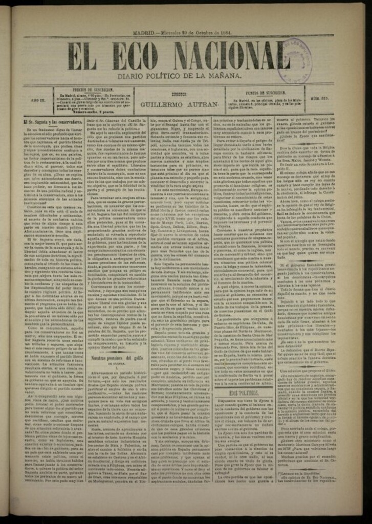 Miniatura de El Eco Nacional de 29 de octubre de 1884, nº 815