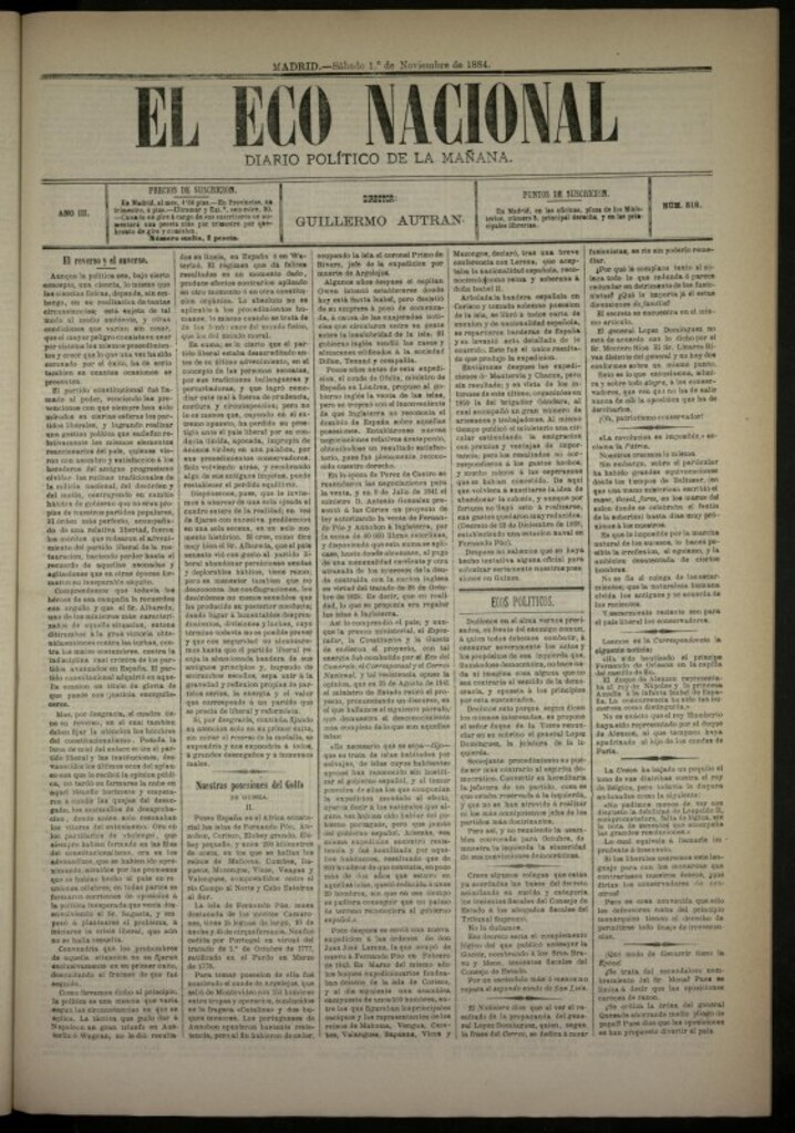 Miniatura de El Eco Nacional de 1 de noviembre de 1884, nº 818