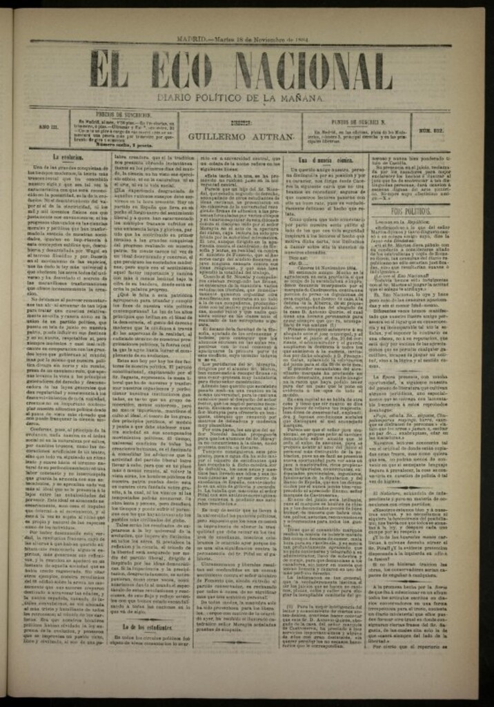 Miniatura de El Eco Nacional de 18 de noviembre de 1884, nº 832