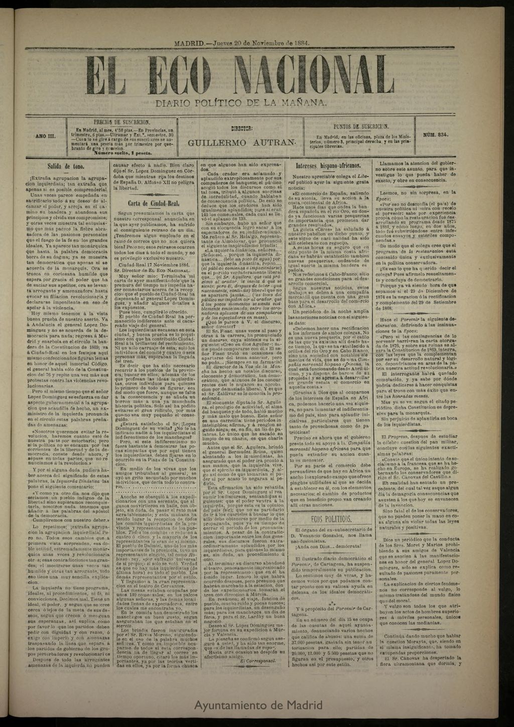 Miniatura de El Eco Nacional de 20 de noviembre de 1884, nº 834