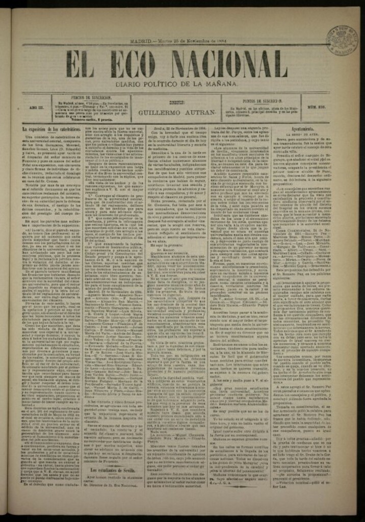 Miniatura de El Eco Nacional de 25 de noviembre de 1884, nº 838