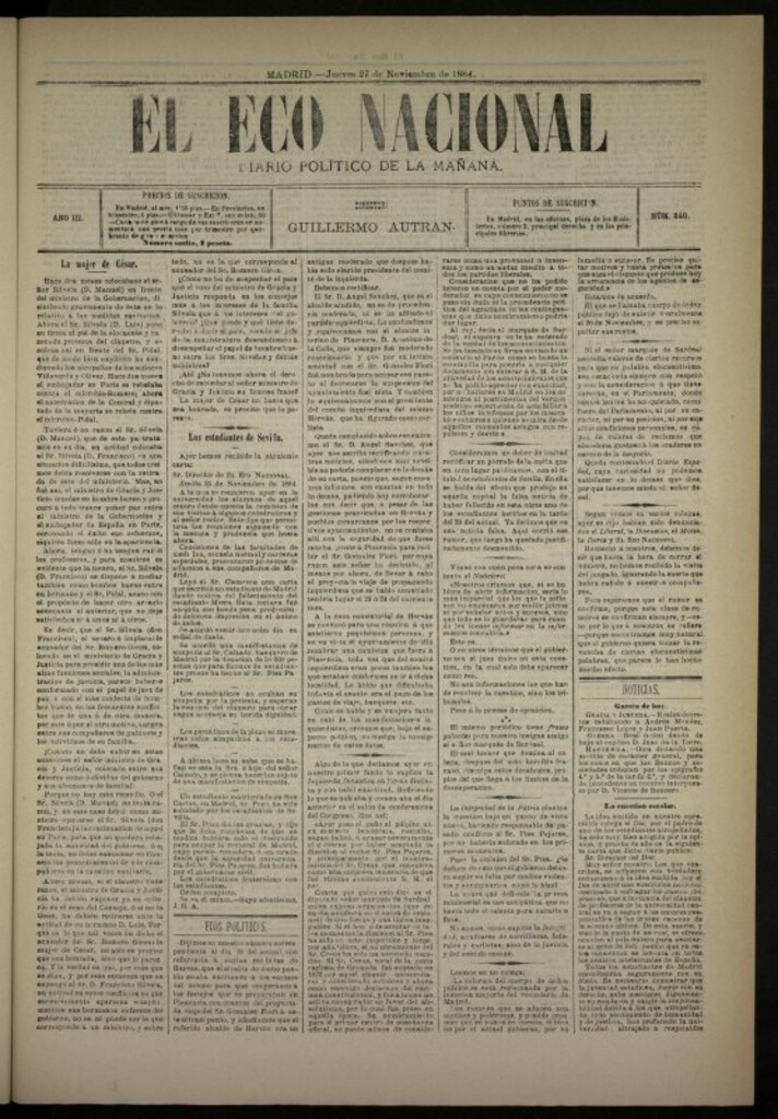 Miniatura de El Eco Nacional de 27 de noviembre de 1884, nº 840