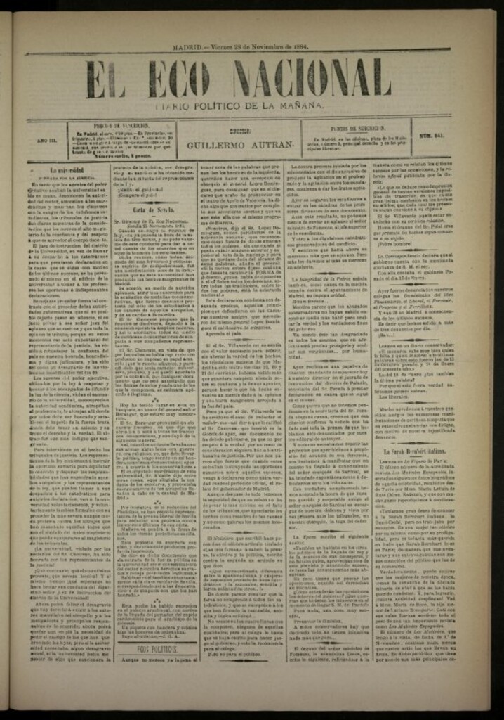 Miniatura de El Eco Nacional de 28 de noviembre de 1884, nº 841