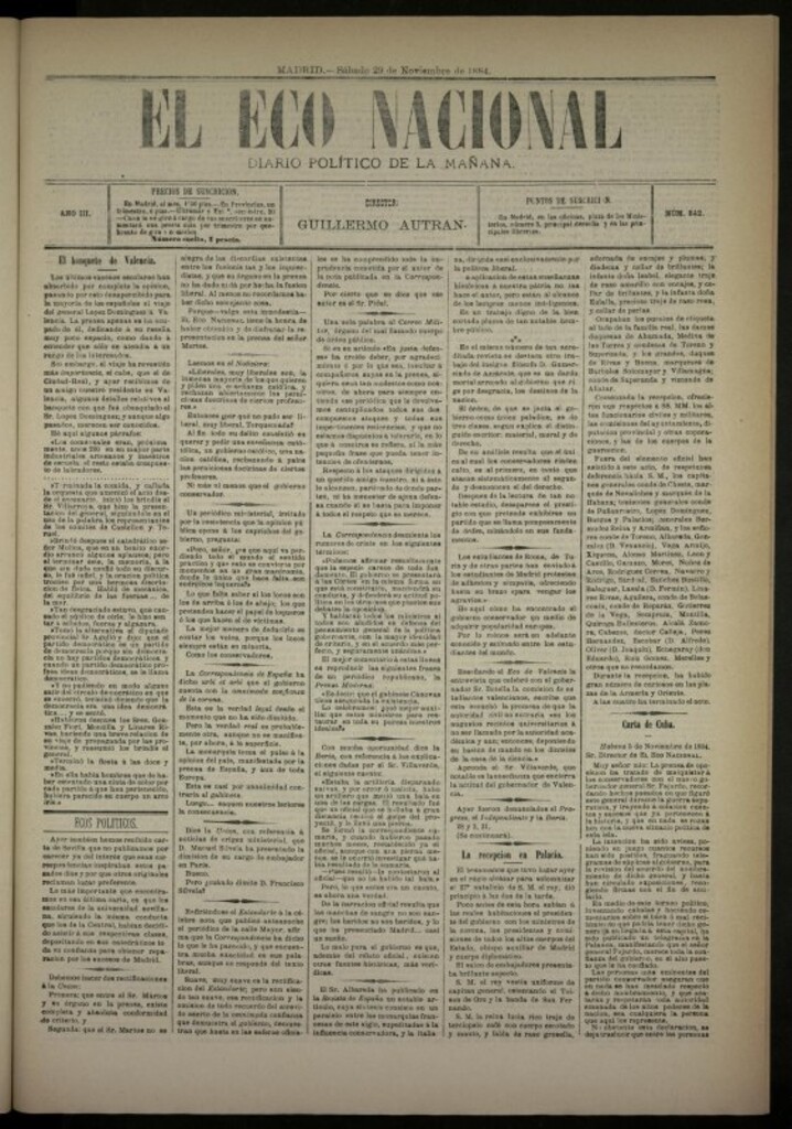 Miniatura de El Eco Nacional de 29 de noviembre de 1884, nº 842