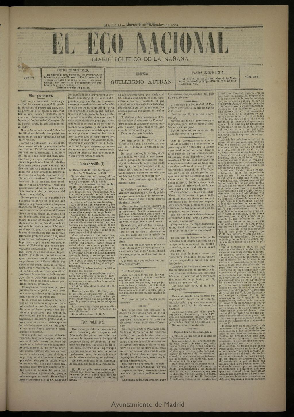 Miniatura de El Eco Nacional de 2 de diciembre de 1884, nº 844