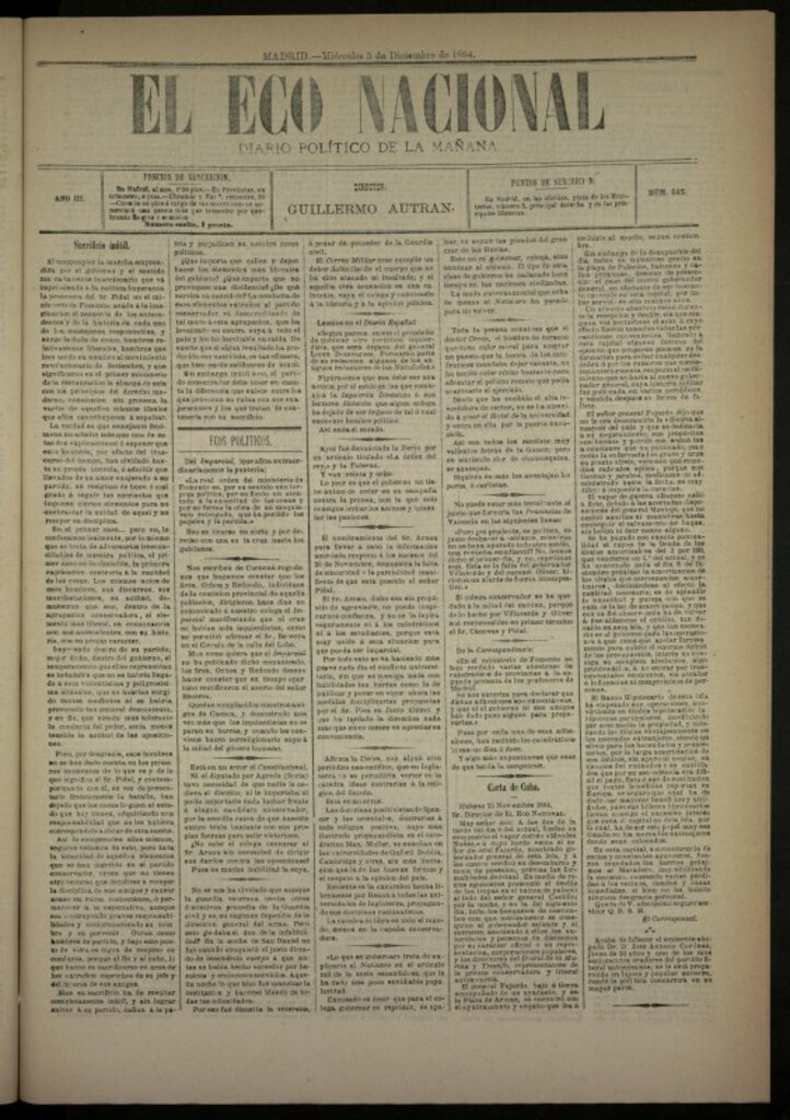 Miniatura de El Eco Nacional de 3 de diciembre de 1884, nº 845
