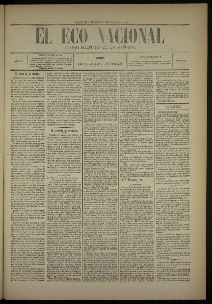 Miniatura de El Eco Nacional de 4 de diciembre de 1884, nº 846