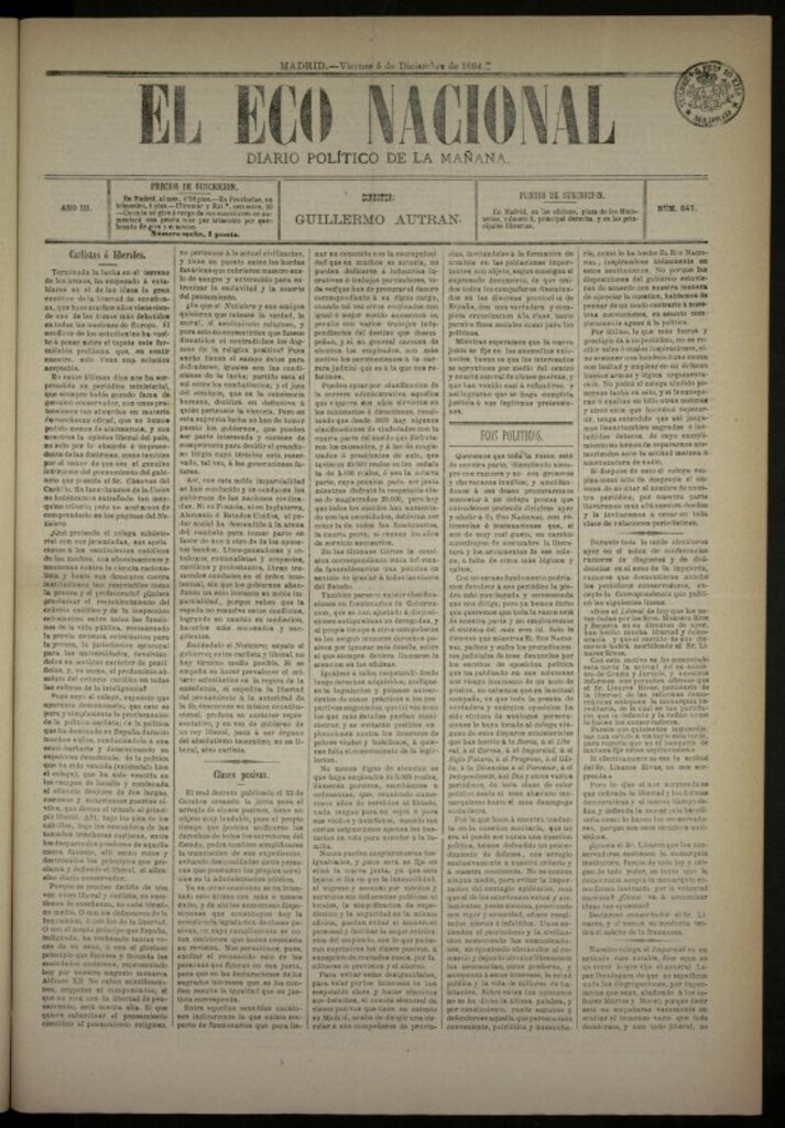 Miniatura de El Eco Nacional de 5 de diciembre de 1884, nº 847