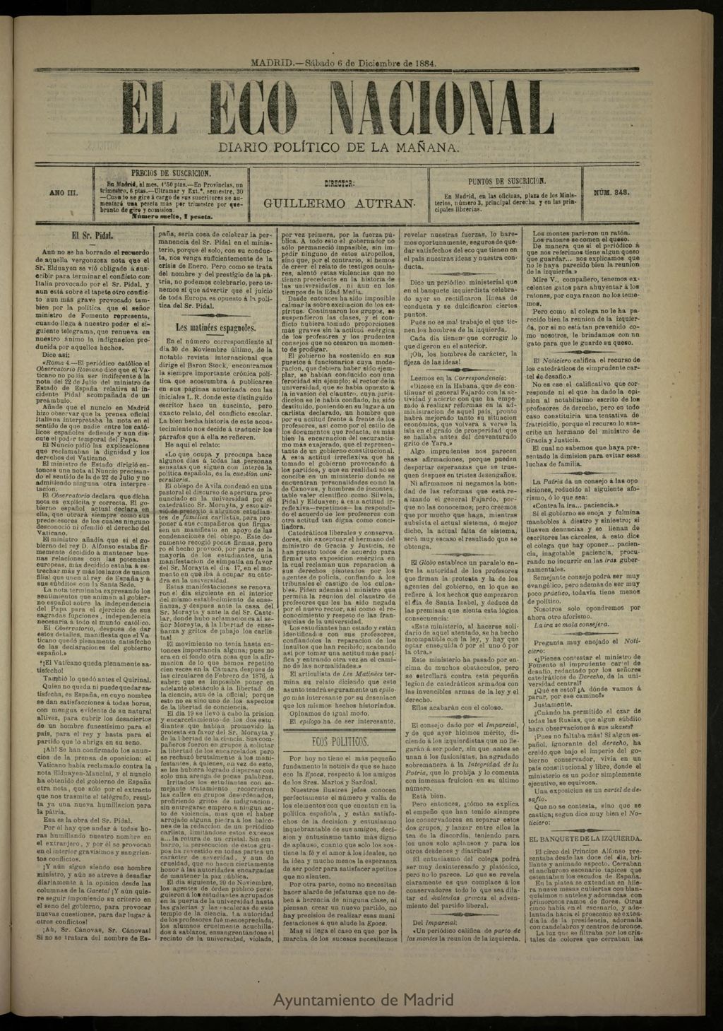 Miniatura de El Eco Nacional de 6 de diciembre de 1884, nº 848