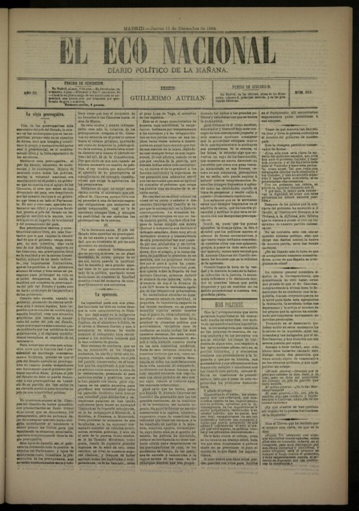 Miniatura de El Eco Nacional de 11 de diciembre de 1884, nº 852