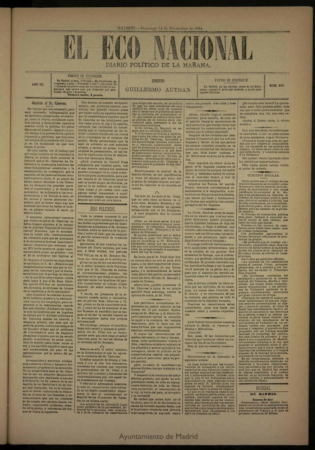 Miniatura de El Eco Nacional de 14 de diciembre de 1884, nº 855