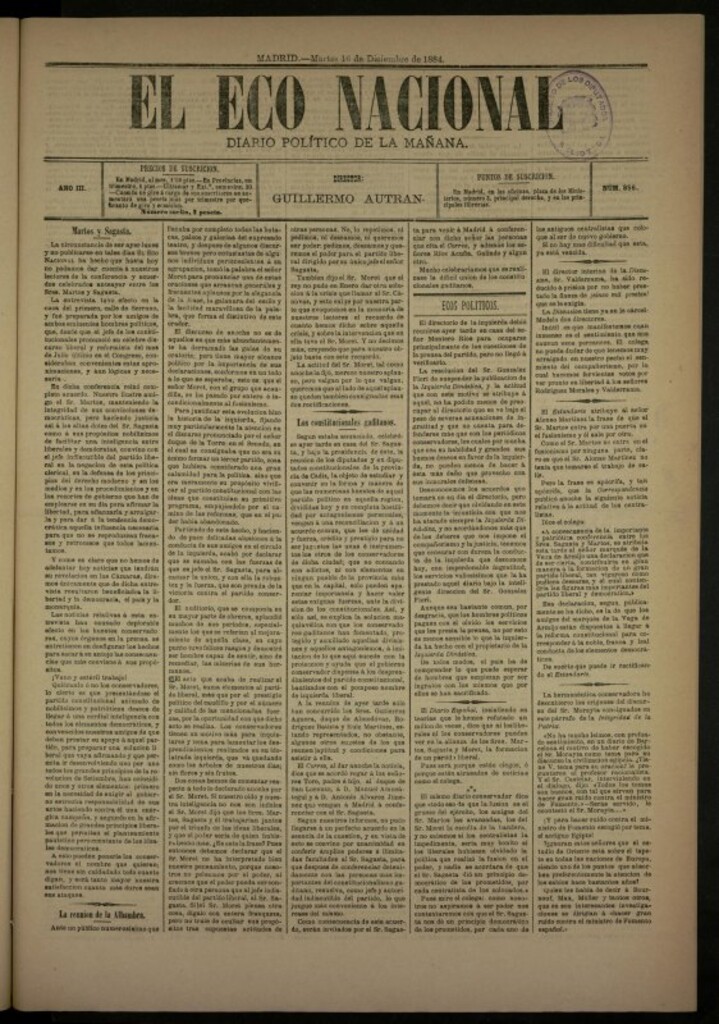 Miniatura de El Eco Nacional de 16 de diciembre de 1884, nº 856